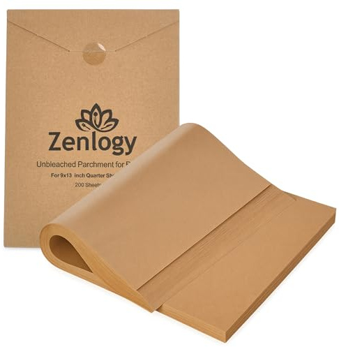 Zenlogy 9x13 Parchment Paper (200 sheets) - Unbleached, High Heat, Non-stick, Pre-cut Baking Paper for Quarter Sheet Pans - Great for Baking, Roasting, Wrapping, Dehydrator, and so much more