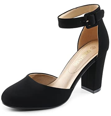 DREAM PAIRS Zapatos de Tacón Acho Cómodos Clásicos de Punta Redonda Zapatos de Salón Alto con Tira de Tobillo Bodas y Fiestas Negro/Nobuck Angela Talla 38.5EU/7.5US
