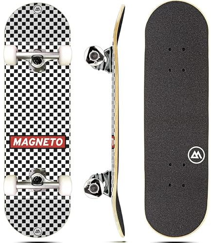 Magneto Skateboard - 9-Ply Maple Deck for Kid Skateboarders & Teen Beginners - Double Kicktails & ABEC-5 Bearings for Trick Moves - Smooth Cruiser Board Rides for Teen Girls - 27.5x7.75 in, Checkered