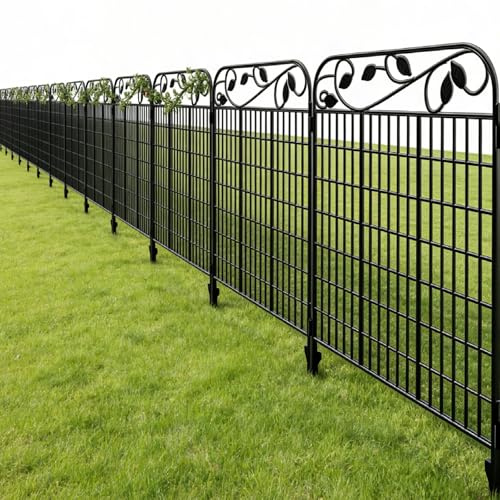 AMAGABELI 4 Panels 44 in(H )X 12 ft(L) Decorative Garden Fence Gate,Dog Fence Outdoor for Yard,Rustproof Tall Garden Fencing Animal Barrier Metal Wire Panel Border with Leaves for Flower Bed Black