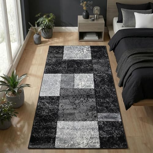 Carpetsale24 Teppich Läufer 80x150 cm Kurzflor Konturenschnitt in Schwarz Grau Weiß Kariertes Design, Waschbar, Pflegeleicht, Extra Weich Für Flur, Küche, Schlafzimmer