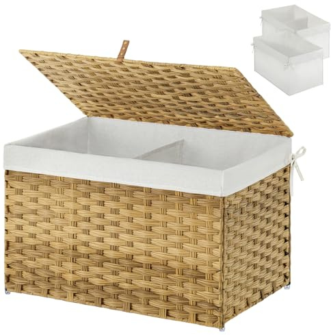 GREENSTELL Storage Basket with Lid, 17.2 Gallon(65L) Small Wicker Blanket Storage Basket with Handles, Foldable, 2 Removable Liner Bags, Metal Frame, for Bedroom, Laundry Room, Natural