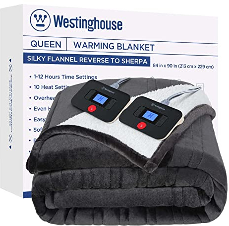 Westinghouse Electric Blanket Queen, Heated Blanket Queen Size with 10 Heating Levels and 1 to 12 Hours Heating Time Settings, Flannel to Sherpa Reversible, Machine Washable (84 x 90, Charcoal)