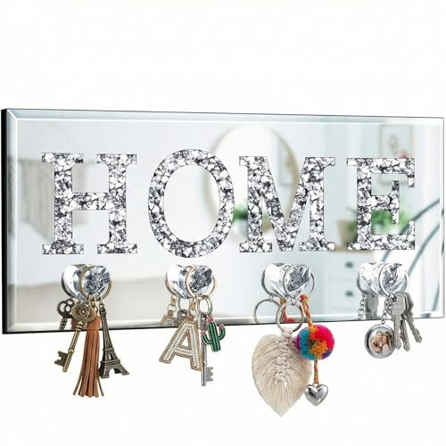 Yalikop Keys Holder on Wall Crush Diamond Mirrored Home Letter Plaque Sign Wall Mounted Clear Heart Shape Hooks Key Hanger Christmas Gift Door Bookshelf Decorative