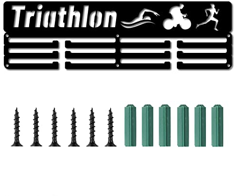 CREATCABIN Triathlon-Medaillenhalter Sport Schwimmen Fahrrad Laufen Worte Auszeichnungen Ständer Wandhalterung Aufhänger Medaillengewinner Läufer Gymnastik Über 3 Medaillen Schwarz