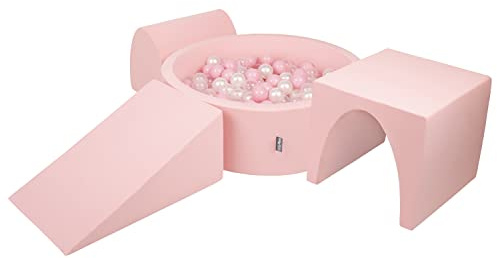 KiddyMoon Spielplatz Aus Schaumstoff Mit Rund Bällebad (200 Bälle) Ballgruben Für Babys Spielbad Hindernisläufen, Hergestellt In Der EU, Pink:Puderrosa/Perle/Transparent