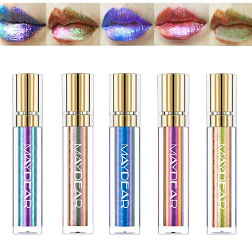 Maydear Chamäleon-Lippenstift-Set, 5 Farben, langlebig, wasserdicht, bunt, Diamant-Schimmer, Lipgloss, für Damen, Make-up-Set