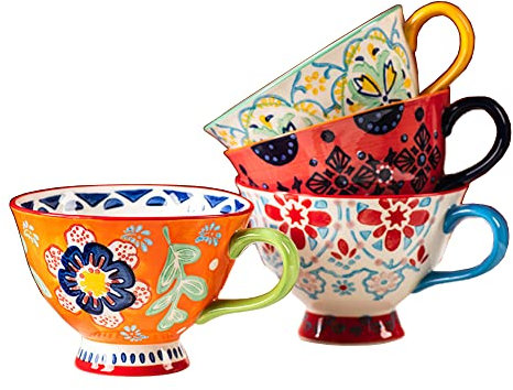 Bicuzat Hand-Painted Floral Pattern Large Capacity Ceramic Coffee Mug Jumbo Mug Tea Milk Cereal Mug Breakfast Cup for Home Kitchen 14oz, Set of 4