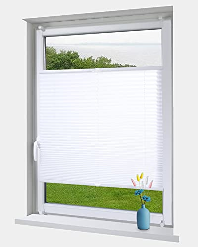 OBdeco Plissee Rollo Klemmfix ohner Bohren lichtdurchlässig Crushed Optik Faltrollo für Fenster und Türen Easyfix Weiß 90x100cm