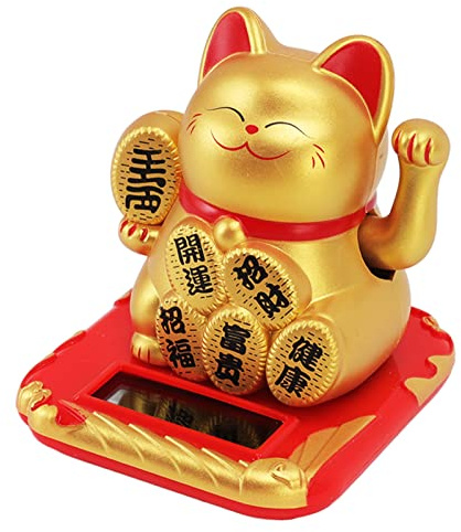 HEEPDD Winkende Katze mit Solarenergie, Umweltfreundlich, Glücklicher Reichtum, Einladend, Glückliche Fortune-Katze, Ornament für Auto (Champagner mit chinesischen Schriftzeichen)