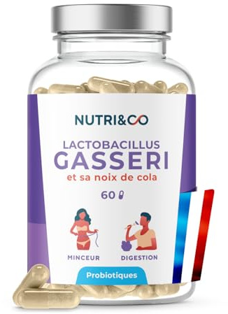 NUTRI&CO Lactobacillus Gasseri | Flore Intestinale Digestion | 60 Gélules | 200 milliards d’UFC/g | Probiotique Ventre Plat + Noix de Cola | Gélules Gastro-Résistantes | Vegan | Fabriqué en France