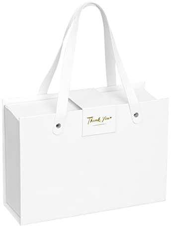 Weiße magnetische Geschenkboxen mit Griffen und Deckeln, 250x180x85 mm große Geschenkboxen für Geschenke, Luxus Box aus faltbarem Karton mit magnetischem Verschluss (1 Stück)