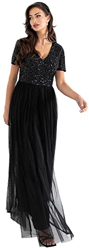 Damen Ballkleid Abendkleid V-Ausschnitt Maxi Länge Pailletten Kurze Ärmel für Hochzeit Geburtstag Brautjungfer