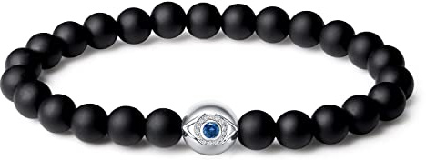 FANCIME Perlenarmband Herren, Schwarz Armband Herren mit 8mm Obsidian Perlen und 925 Sliber Anhänger, Elastisches Kugel Armband Herren, Geschenk für Männer