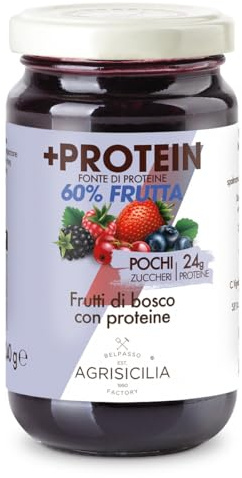 Agrisicilia +Protein Confettura di Frutti di Bosco, 24 grammi di proteine, fonte di proteine, pochi zuccheri aggiunti, 240 grammi