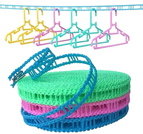 3 Stück Winddichte Wäscheleine - Tragbare Anti-Wicklungs-Reise-Nylon-Wäscheleine für Outdoor, Indoor, Zuhause, Reisen, Camping (5M, Grün/Blau/Pink)