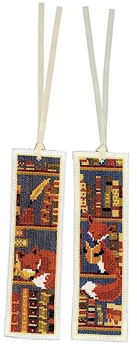Vervaco Lesezeichen Kreuzstich Stickpackungen Gezählter Kreuzstich Füchse im Bücherregal 2er DIY Set Erwachsene Sticken Lesen Zubehör Geschenk Zählmusterpackung ca. 6 x 20 cm Stickset für Anfänger