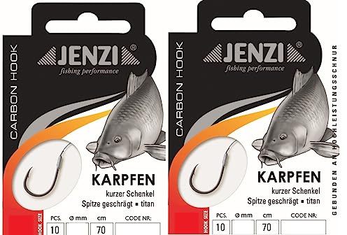 Set: 2 Packungen gebundene Haken Karpfen von Jenzi, Allroundhaken, Karpfen (20 Stück) Hakengröße 1, 2, 4, 6, 8, 10 an Mono Schnur Vorfach fertig + gratis Petri Heil! Aufkleber