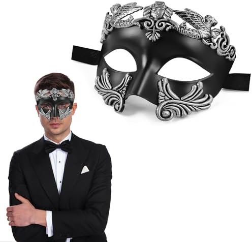EKKONG Venezianische Maske Herren, Masken Kostüm Maskenball Halloween Augenmaske Masquerade Mask Men für Halloween Maskerade Kleidung Ankleiden Zubehör (Schwarz-Silber)