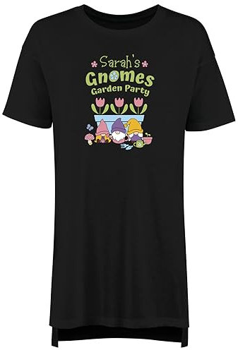 Shopagift Personalised Gnomes Garden Party Women's Nightie Gardening Gardener Night Shirt Black
