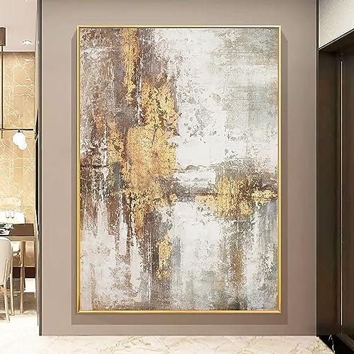 HOLEILUCK Pintura al óleo abstracta grande de color beige, dorado y gris para sala de estar, pinturas grandes, pintura en lámina de oro gris, arte de pared escandinavo, 90x145cm/35x57in sin marco