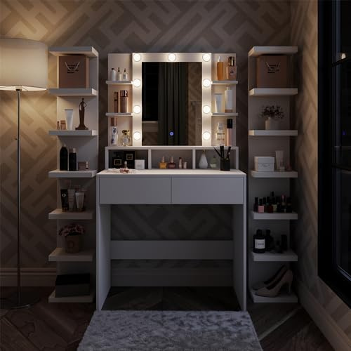 Vicco Schminktisch Taylor, Weiß, 80 cm | mit LED Beleuchtung, mit LED-Beleuchtung und höhenverstellbarem Drehhocker