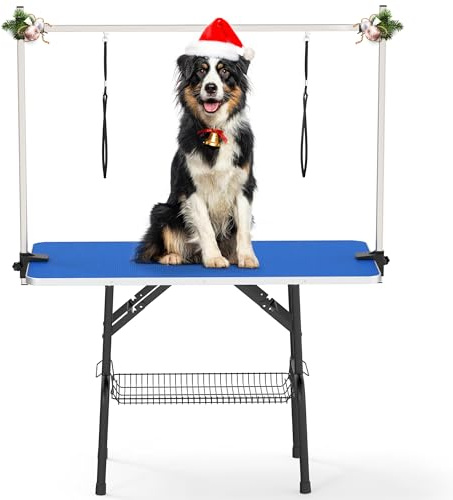 YITAHOME 46 Dog Grooming Table, Foldable Home Pet Bathing Station Table with Adjustable Arm, Non-Slip Desktop, Storage Tray& Noose, Blue