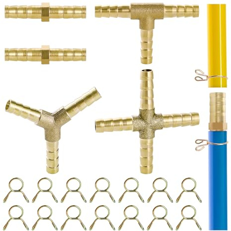 YIXISI 5 Stücke 6mm Schlauchverbinder, 2/3/4 Wege Messing Verbindungsschlauch Verbindungsstück, Messing Verbindungsstück, mit 14 Stück Schlauchschelle, für Kraftstoff, Luft