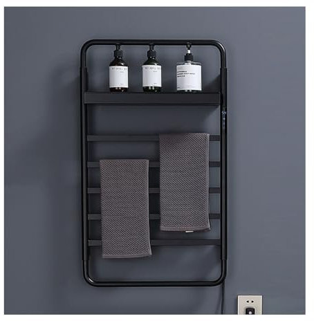 Portasciugamani Riscaldato Elettrici, Scaldasalviette Elettrico a Parete con Ripiano Superiore, Termoarredo Bagno Elettrico Con Regolazione Temperatura Timer Integrato,Nero
