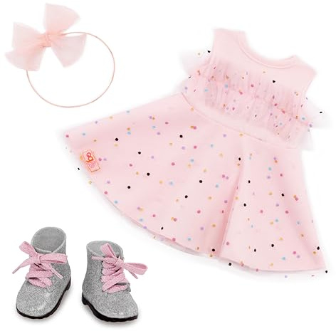 Our Generation Pink & Colorful Puppenkleidung für 46-cm-Puppen | Für die meisten 46-cm-Puppen: Kleid mit Konfetti-Print, Haarreif und Stiefel; leicht zu öffnende Verschlüsse; 3+ Jahre