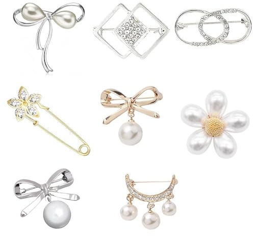 SSyang 8 Pcs Broche de Perlas Con Lazo - Aleación Para Mujeres y Niñas - Decoración de Ropa, Camisas, Sombreros, Bolsos, Cardigan, Suéter (Oro y Plata)