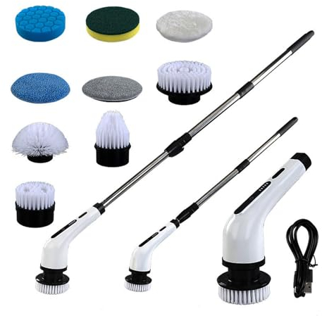 Épurateur électrique à Rotation Fil, 9 Têtes de Brosse Remplaçables et Poignée D'extension Réglable, Brosse de Nettoyage électrique, Brosses de Nettoyage Domestique pour