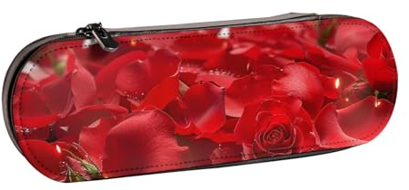 JCVOTREL Federmäppchen mit roten Rosenblättern, bedrucktes Leder-Federmäppchen – Schreibwarentasche, Stifteetui mit Reißverschluss, für Schule, Reisen, Büro, Schwarz , Einheitsgröße, Kosmetiktasche