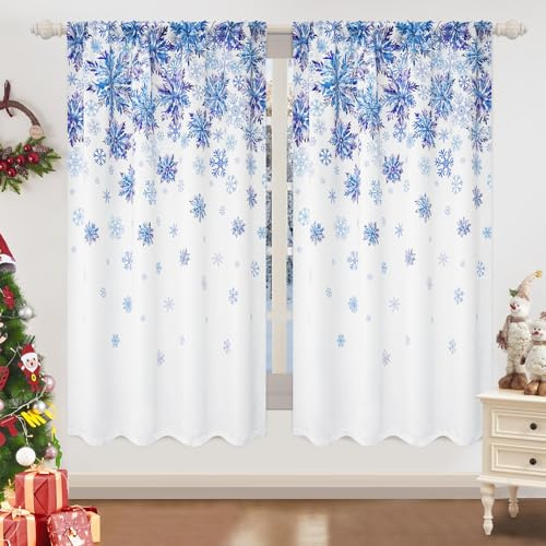 FRAMICS Weihnachtsvorhänge, 160 cm lang, weiß und blau, Schneeflockenmuster, 2 Paneele, wärmeisoliert, Verdunkelungsvorhänge für Wohnzimmer und Schlafzimmer, Weihnachtsdekoration, 132 cm B x 160 cm L