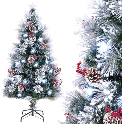 LIFEZEAL Albero di Natale con Luci Incorporate, 150 cm, 49 Luci LED, 8 Modalità di Illuminazione, 170 Rami, Ago di Pino, Mazzi di Bacche Rosse e Pigne