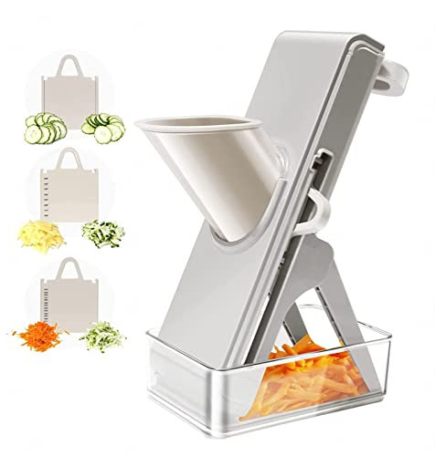 Corta fácilmente, para cortar verduras congeladas o salchichas, mandolina, ajustador de grosor, múltiples cuchillas, cortador de verduras con recipiente (gris)