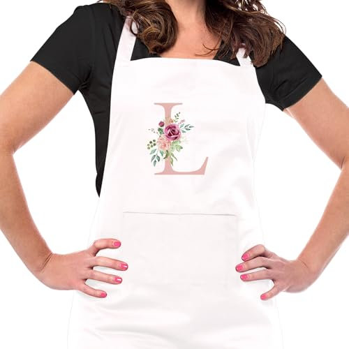 Ysound Personalisierte Geschenk Initial Schürze Frauen Backschürze Weiß Baumwolle Kochschürze mit Tasche Verstellbare Küchenschürze, Geschenk für Damen Frau Mama zum Geburtstag Weihnachten (L)
