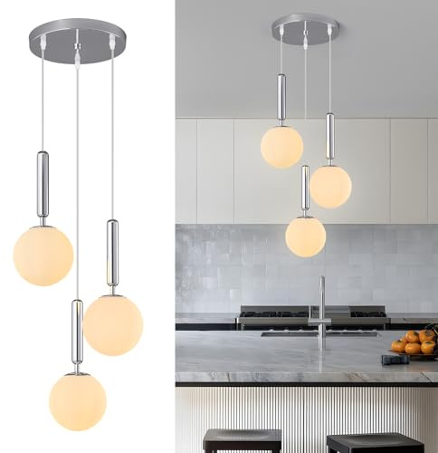 ZPBSJ Moderne Chromleuchte Pendelleuchte für Kücheninsel Mid Century Pendelleuchten mit Kugel milchig weißes Glas Pendelleuchte für Esszimmer Bad Eingang Schlafzimmer(3-Licht)