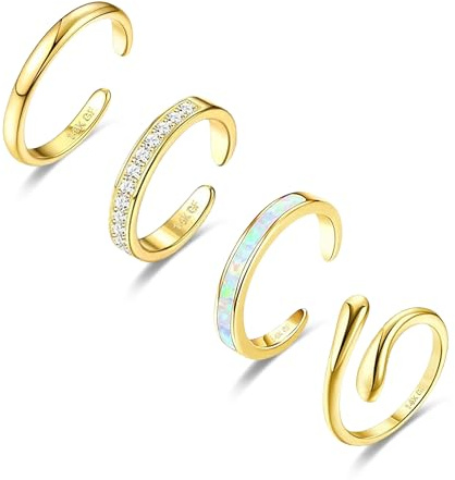 LOFITOR 4PCS Toe Rings for Women Adjustable 14K Gold Plated Filled Toe Ring Set Simple Cute Thin Band Hawaiian Beach Summer Foot Jewelry Waterproof Opal Style