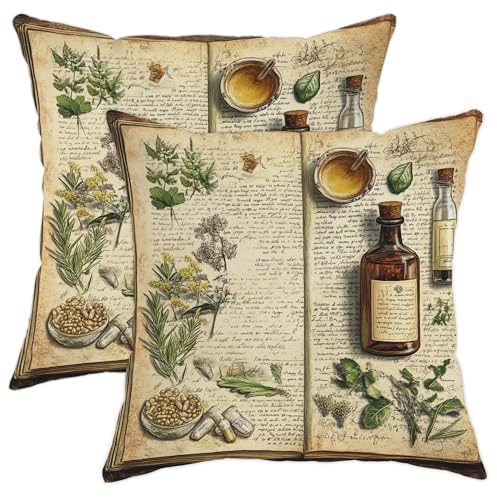 Herbal Pillow Covers Set of 2, Vintage Botanical Plant Throw Pillows Case, Rustic Decorative Square Farmhouse Decor Cushion Covers for Home Sofa Bed Couch 20x20 Inch