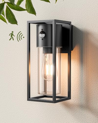 EDISHINE Lampada da Parete Esterna con Sensore di Movimento, Portalampada E27, Impermeabile IP44, in Alluminio e Vetro Temperato per Giardino, Terrazza, Balcone, Facciata, Lampadina non Inclusa, Nero