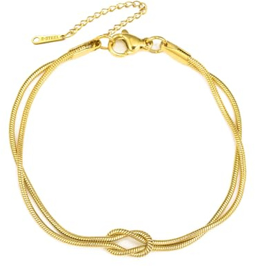 Amaxer Bracelet avec pendentif en forme de nœud d'amour pour les femmes Double chaîne serpent Noeud d'amour celtique Bracelet réglable en acier inoxydable