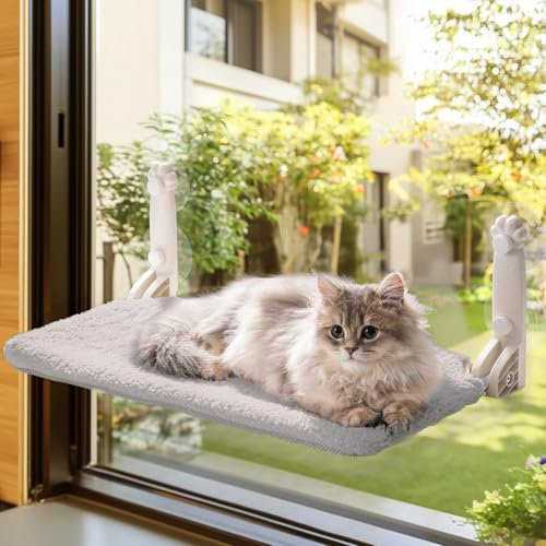 MEWOOFUN Weiche Katzen fensterhängematte – 54x30cm faltbares Katzen fensterbett mit wendbarer Matte, stabile Katzenhängematte hält bis zu 18kg (grau, S)