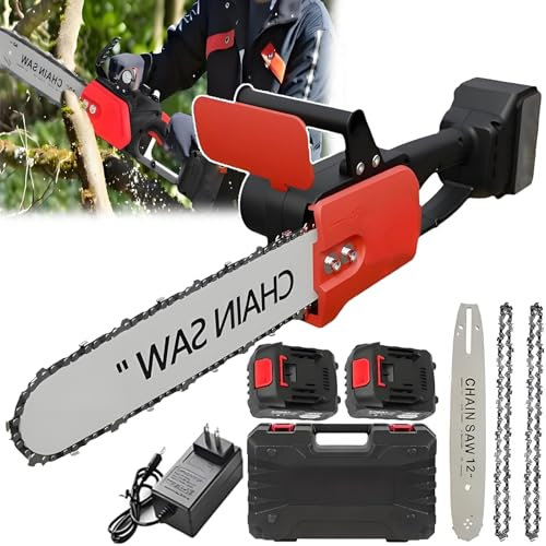 Motosierra eléctrica inalámbrica de 12 pulgadas, potente herramienta de corte de madera de mano con 2 cadenas y batería recargable, ideal para cortar madera, podar árboles, mantenimiento de patio y