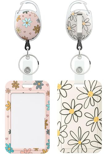 Uniclife 2er-Set Blumen-Schiebe-Ausweishülle Vertikale Blumen-Plastikhülle mit einziehbarer Halterung und Karabiner für Büro, Schule, Ausweise, Kreditkarten für Frauen Lehrer und Schüler