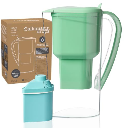 Carafe Filtrante Verte 1,4 L avec Filtre Basse Émission pour Eau Sans BPA | Basse Émission Filtration Double Phase 400 Litres Charbon Actif Anti Calcaire Élimine Chlore Métaux Lourds Sans BPA