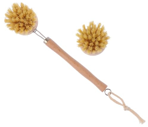 FRCOLOR Long Handle Cleaning Brush Set of 2 Natural Palm Wood and Hemp Bristles for Dishes Cups and Exfoliation for Kitchen and Bath Use
