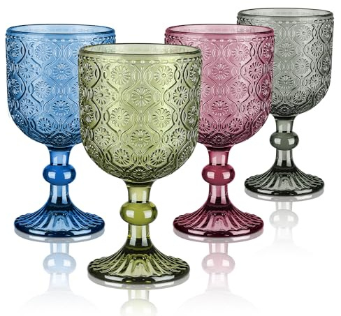 Joeyan 350ml Vintage Weingläser Bunt,Blütenrelief Kelche mit Stiel,Weinkelche Landhausstil,Mehrfarbig Rotweingläser Weißweingläser Trinkgläser,Set von 4,Spülmaschinenfest (Lila,Grün,Blau,Grey)