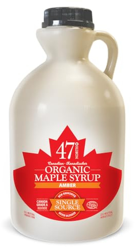 47° North Jarabe de arce orgánico canadiense, AMBER Ámbar – aromático, 1000ml, Fuente única, Grado A, Sin gluten, Vegano, Sabor ligero y dulce para panqueques y más