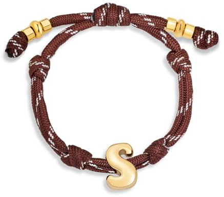 HolidayQbee Pulsera Inicial para Mujeres y Niñas, Letra de Oro en Cordón Trenzado Marrón, Pulseras Elegantes para Damas, Ajustable con Deslizador, Regalo Personalizado Para Ella, Joyería de Capas